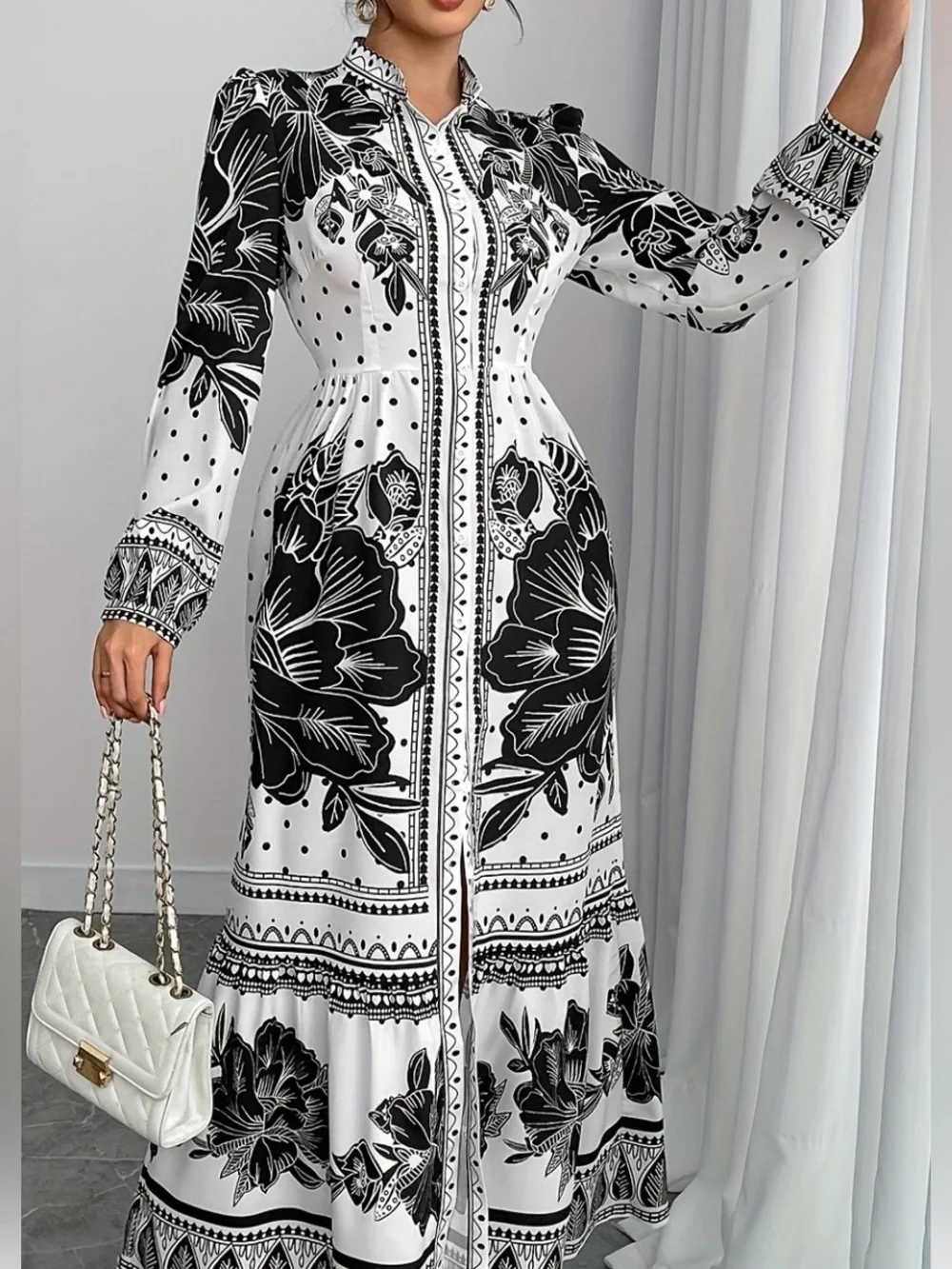 Boutique Black White Floral Maxi Shirt Dress L XL Modest Statement Boho Chic